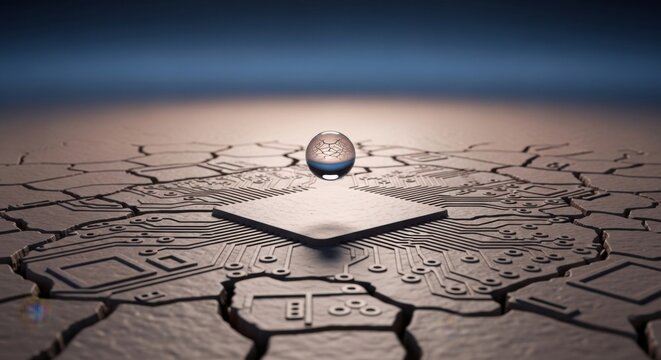 A pristine glass sphere levitates above a central electronic microprocessor chip integrated into a vast, dark, and arid desert landscape with deep, intricate cracks spreading across the dry surface.
