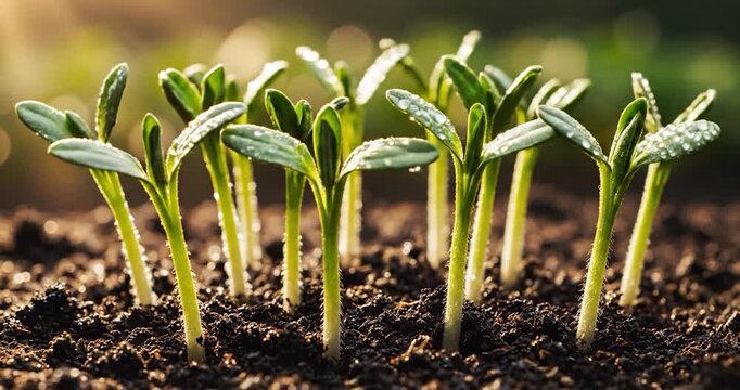 Small green sprouts emerging from dark soil with golden light