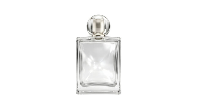 Elegant empty glass perfume bottle on transparent background