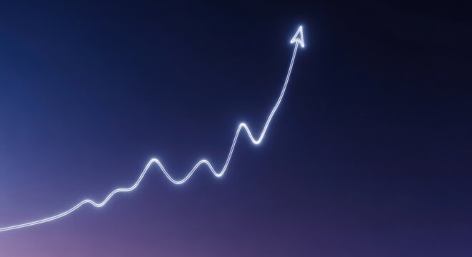 A glowing white neon line graph showing a sharp upward trend against a dark blue gradient background, representing financial growth, market success, and positive data analytics in a digital format.