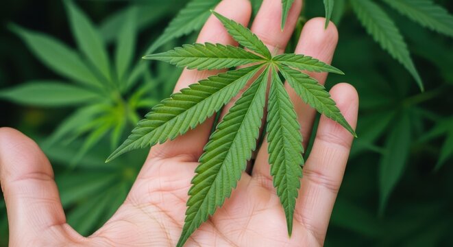 A hand holding a single cannabis leaf amidst green foliage