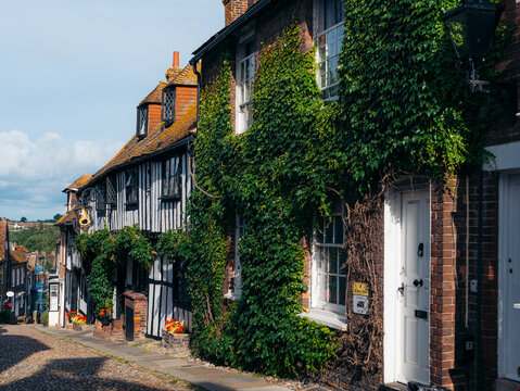 Rye, United Kingdom - 23 June 2025: View of a quaint street lined with timber-framed houses, vibrant green ivy climbing the brick walls under a bright summer sky.
