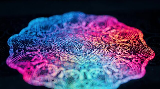 Banknote hologram illuminated under UV light glowing textures in sharp focus surrounded by a dark blurred background.