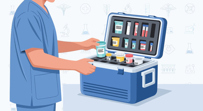 Medical professional organizing samples in a cooler for transport, laboratory research