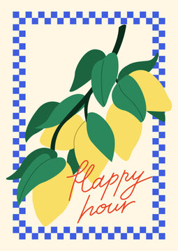 Summer italian poster with lemon branch and checkered frame. Handwritten calligraphic quote "Happy Hour". Vector flat hand drawn illustration