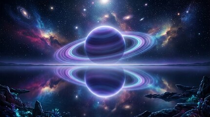 Obraz premium Vibrant Purple Planet with Glowing Rings in Space