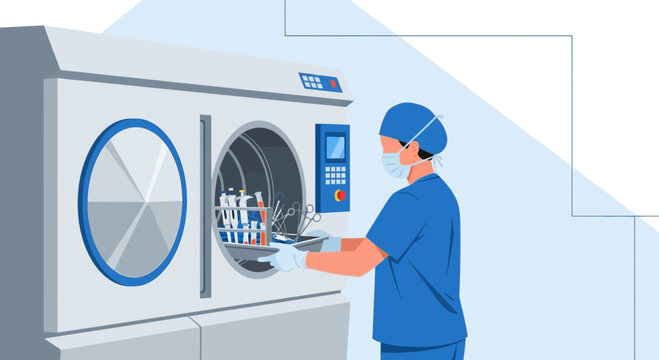 Medical professional sterilizing surgical instruments in an autoclave machine