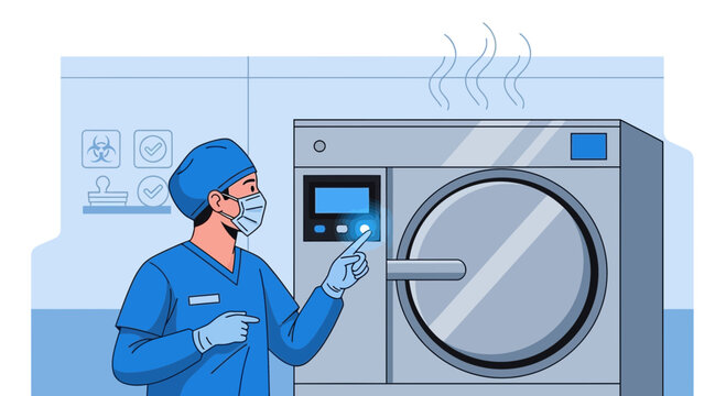 Medical professional sterilizing equipment in autoclave, healthcare, hygiene, safety concept