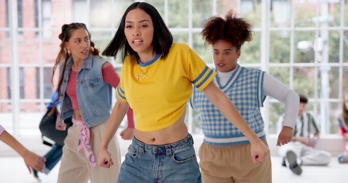 Dancing, rehearsal and studio for hip hop, performance and movement practice for friends together. Choreography, freestyle and talent for beat, routine and support with gen z group and fun energy