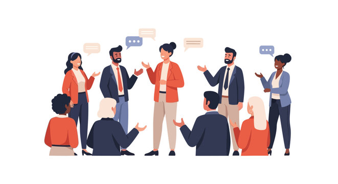 Diverse Business Team Communicating & Collaborating: Group Discussion with Speech Bubbles