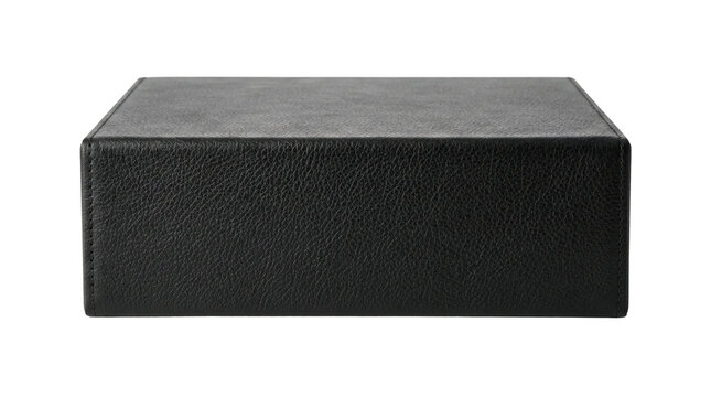 Rectangular black leather storage box on transparent background