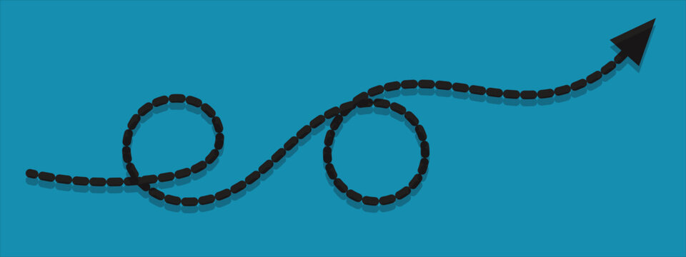 A dynamic concept of a black dotted line arrow curving in a spiral, representing a non-linear journey, innovation, and strategic direction towards a goal. vector illustrator eps 10.