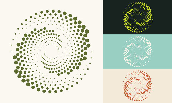 Collection of colorful halftone spiral patterns representing diverse renewable energy sources. Vector geometric set of vortex dots for eco-branding and sustainability.