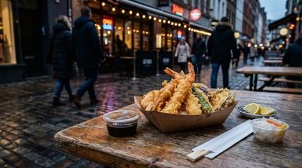 Fototapeta premium Tempura dish with fried shrimp and vegetables served with dipping sauce, lemon wedges, and pickled vegetables on wooden table outdoors in urban street setting with people walking and restaurant backgr