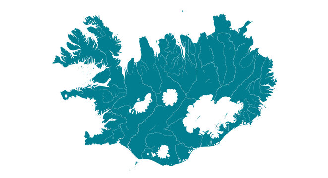 Teal silhouette map of iceland with detailed region outlines and waterways on white