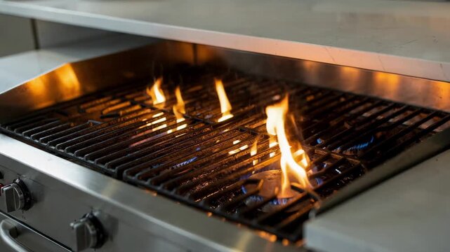 Medium shot of a gas grill with an open grate surface beneath a buffet counter flickering flames clearly visible while the buffet environment blurs gently.