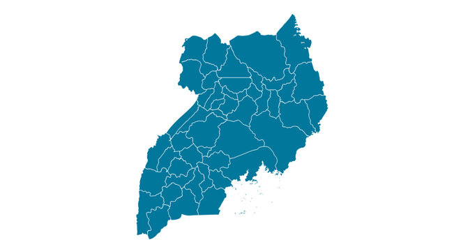Teal map outline of uganda divided into administrative regions on white background