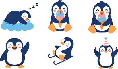 Cute penguin character vector set featuring little blue penguins sleeping on a cloud eating ice cream cones skiing waving and wearing a party hat isolated on white background © Mdsahidul