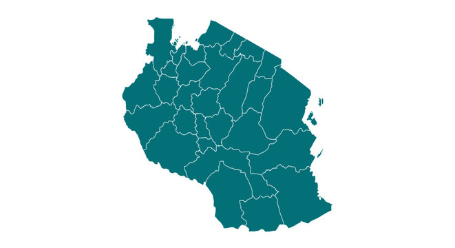 Teal map outline of tanzania divided into regions with white background vector