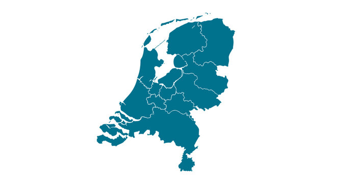 Turquoise map of netherlands with provinces highlighted on white background clean