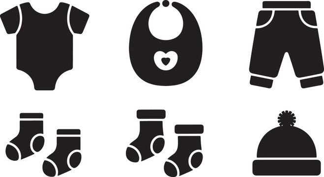 Baby clothing icons collection including bodysuit bib pants socks and winter hat for nursery design. Vector illustration