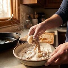 Fototapeta premium Close-up of a person coating raw shrimp with flour in a bowl on a kitchen countertop beside a cast iron skillet, with natural window light highlighting the breading stage