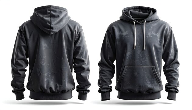 Front and Back View of a Dark Gray Faded Hoodie Sweatshirt with White Drawstrings and Front Pocket
