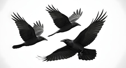 Fototapeta premium Three black birds flying in formation against a white sky