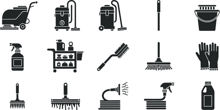 Professional Cleaning Equipment and Sanitation Service Icon Set featuring Industrial Floor Scrubbers, Vacuum Cleaners, Janitorial Carts, Pressure Washers, and Hygiene SuppliesPrint