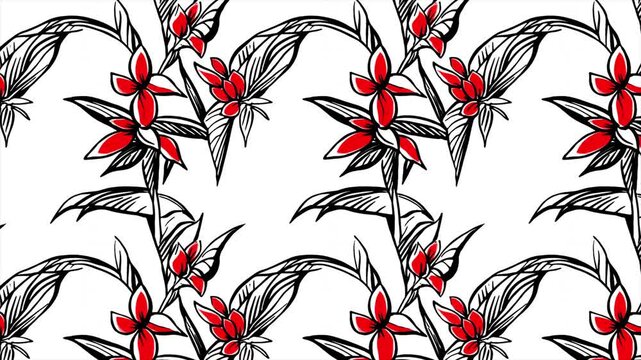 Seamless tropical plant animation featuring repeating jungle leaves and red floral accents forming decorative botanical pattern loop.
