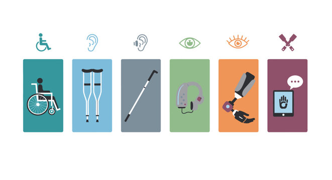 Comprehensive Accessibility & Disability Icons: Wheelchair, Crutches, Cane, Hearing Aid, Prosthetic, and Communication Symbols for Diverse Needs