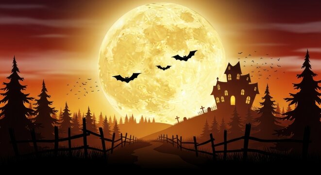 A spooky halloween scene with a full moon, bats, and a haunted house in a forest at sunset with a wooden fence