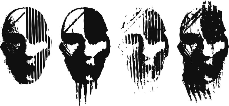 abstract black and white face silhouettes with vertical stripes and fragmented patterns set on white background