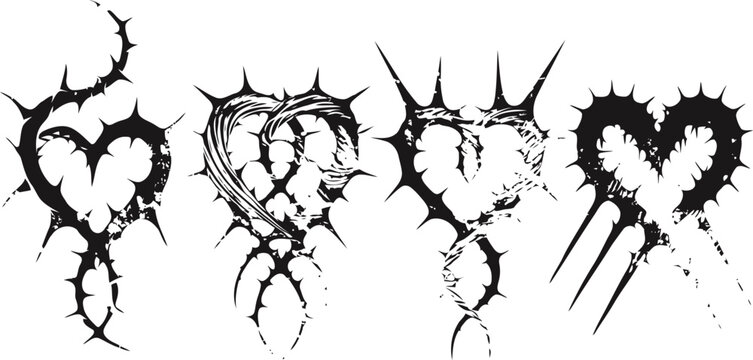 Black thorn heart silhouettes set of four jagged crown of thorns shaped hearts grunge tattoo design elements with spike and sharp nails decoration