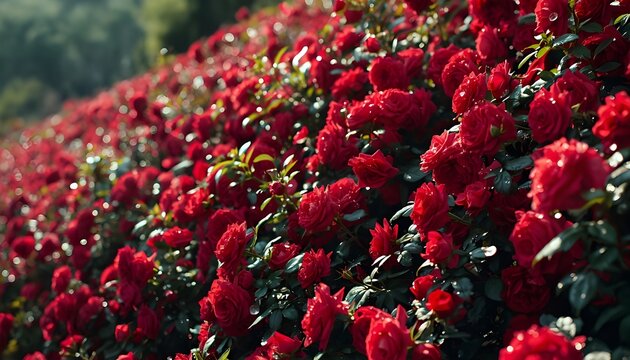 Steep hillside covered in deep red roses, morning dew on petals, natural sunlight, detailed foliage, realistic depth, cinematic floral landscape, 12K