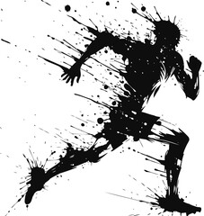 Naklejka premium Dynamic runner silhouette with paint splatter effect in motion, athletic speed and energy concept