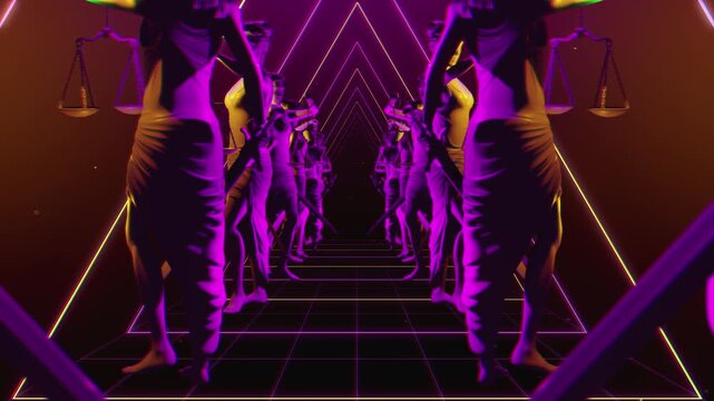 4k Seamless loop video of an abstract fragmented classical Themis sculpture with glowing scales and sword, for VJ sets, high-tech club visuals,  electronic music festivals, stage screens and for LED v