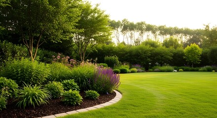 Fototapeta premium Serene garden landscape with lush greenery and vibrant flowers