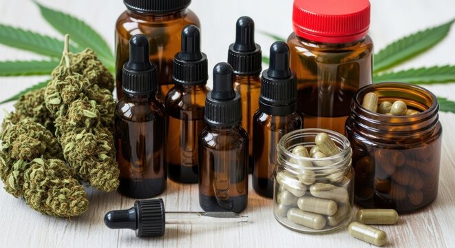 Assorted cannabis-infused products displayed on a wooden surface