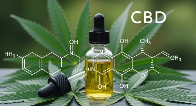 Cbd oil dropper bottle displayed with cannabidiol molecular structures and hemp leaves