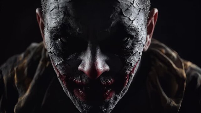 Zombie, man with gray face paint and blood, screaming and looking around menacingly, dark background, symbolizing horror and fear, for Halloween or a scary movie.