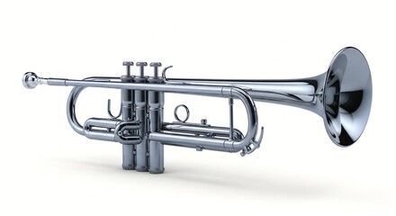 Obraz premium A shiny silver trumpet on a white background with musical instrument details