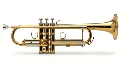Obraz premium A shiny gold trumpet on a white background, perfect for music and instrument enthusiasts.