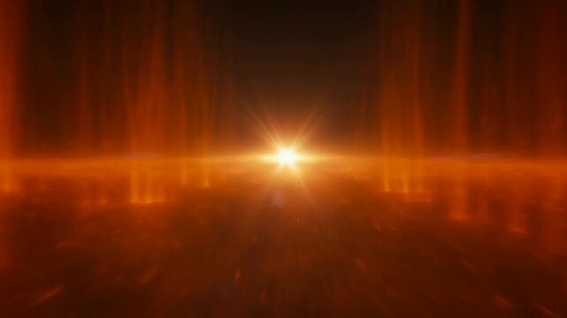 Abstract orange light pillars rising from a dark textured ground with glowing particles floating in a deep space environment