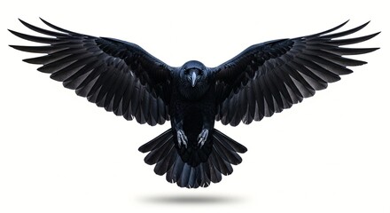 Fototapeta premium A black bird with its wings spread wide in mid-flight against a white background