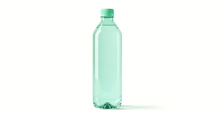 Naklejka premium A clear green plastic water bottle with a screw-on cap stands alone on a white background