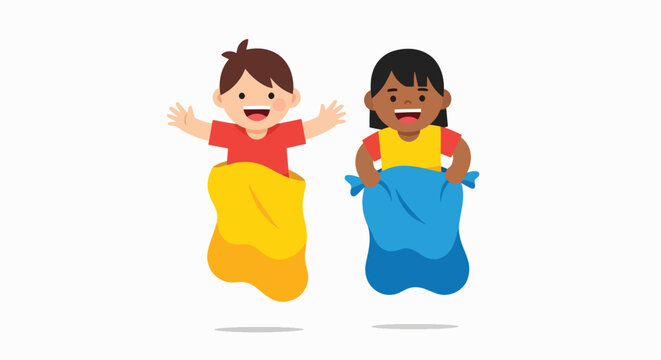Two happy children engaging in a lively sack race full of joy and energy.