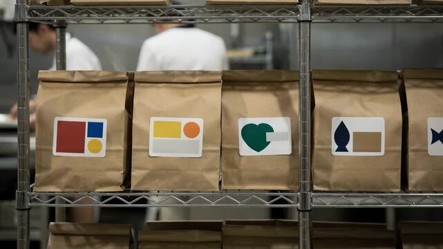 Medium shot emphasizing clear labeling on delivery bags arranged on shelves with muted background featuring faint silhouettes of busy kitchen staff preparing orders.