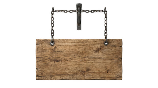 Old wooden hanging sign with rusty chains on transparent background