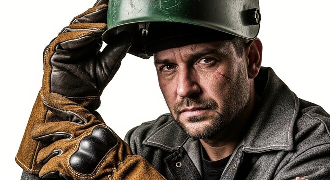 A rugged man in a hard hat and gloves looks directly at the camera